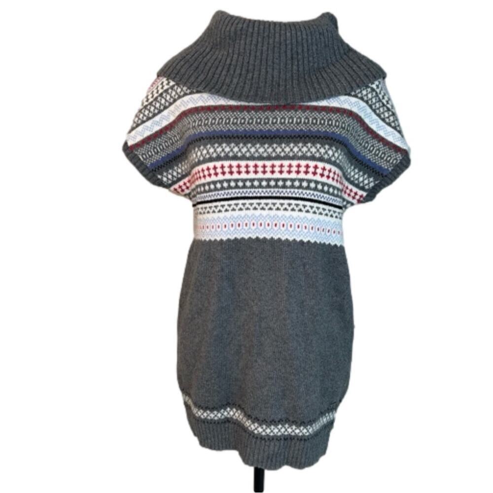 Tommy Hilfiger Fair Isle Wide Neck Hip Length Cap Sleeve Sweater Size M Gray Red